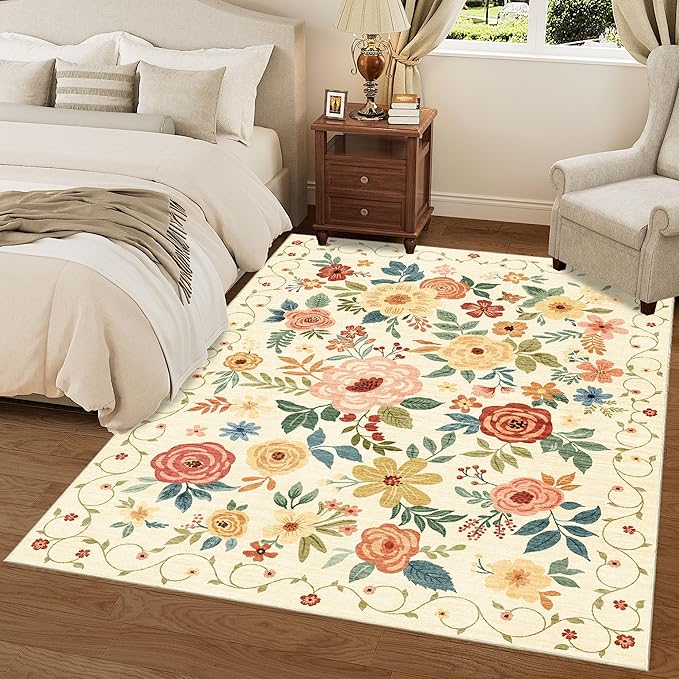 DUKINO 5x7 Area Rug, Floral Rugs for Living Room, Lightweight Non Slip Washable Rug, Indoor Low Pile & Non-Shedding Boho Design Rugs for Bedroom, Living Room, Dining Room, Beige Yellow