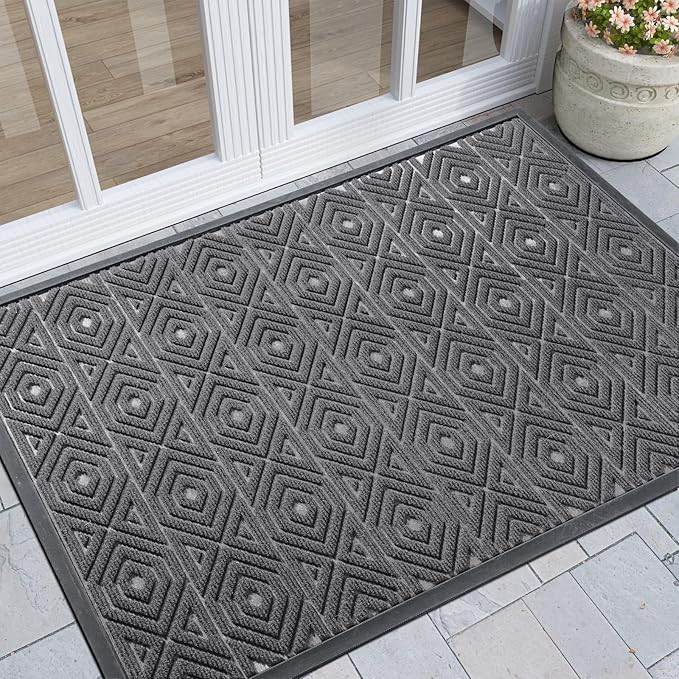 Yimobra Modern Geometric Welcome Doormat, 47 x 32 Inch, Grey, Waterproof, Non Slip, Stain & Fade Resistant, Low Pile, Sturdy Rubber, Easy Clean, Indoor/Outdoor