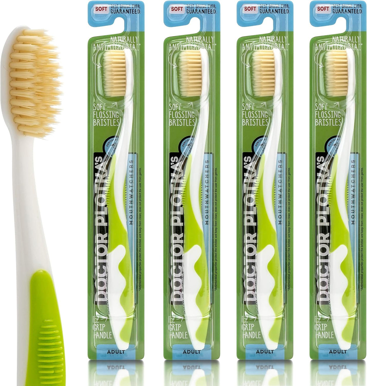 MOUTHWATCHERS Soft Flossing Toothbrushes, Value Pack of 4, Green, Manual Toothbrush for Adults, Ultra Clean, Good for Sensitive Teeth and Gums, by Dr. Plotka's