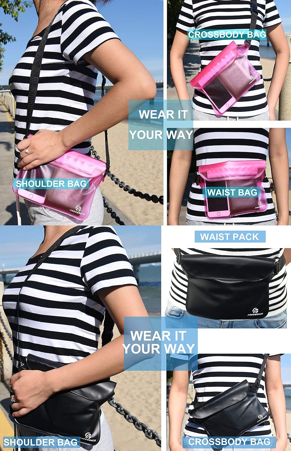 Freegrace Waterproof Pouches with Waist Strap / Pouch Case Bundle Set- Keep Your Phone & Valuables Dry and Safe - Waterproof Dry Bags for Boating Swimming Snorkeling Kayaking Beach Water Parks Pool