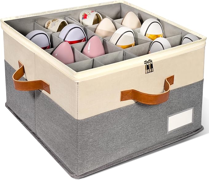 1 Pack Shoe Organizer for Closet, Adjustable Shoe Box Storage Containers, Large Foldable Shoe Bins with Clear Cover, Space Saving Shoes Holder with 4 Handles, Fits 8-16 Pairs, Beige