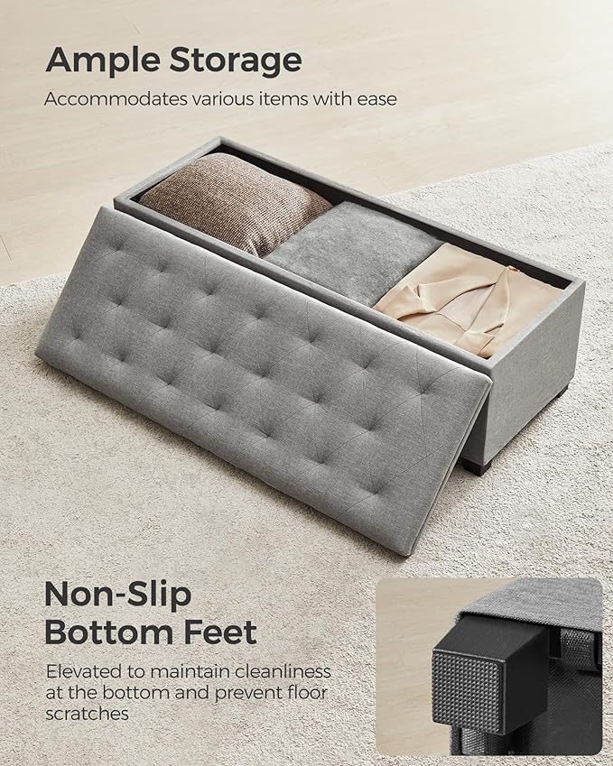 SONGMICS Storage Ottoman Bench, Foot Rest with Legs, 15.7 x 43.3 x 15.7 Inches, End of Bed Bench, Storage Chest, Load up to 660 lb, for Living Room, Bedroom, Entryway, Light Gray ULSF088G02