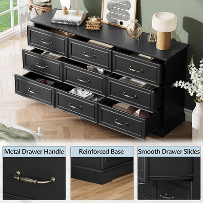 9 Drawer Dresser for Bedroom, 63" Wide Wooden Chest of Drawers, Rustic Farmhouse Dresser with Large Drawers & Metal Handles, Modern Storage Organizer for Closet, Living Room, Hallway, Black