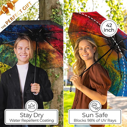 TUMELLA Strongest Windproof Travel Umbrella (Compact, Superior & Beautiful), Small Strong but Light Portable and Automatic Folding Rain Umbrella, Durable Premium Grip, Fits Car & Backpack