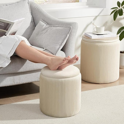 Round Ottoman with Storage Set of 2,Vanity Stool with Storage for Bedroom, Ottoman Coffee Table,Small Velvet Foot Stool for Living Room, Beige