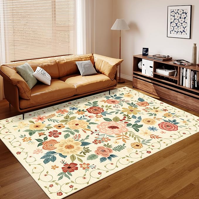 DUKINO 6x9 Area Rug, Floral Rugs for Living Room, Lightweight Non Slip Washable Rug, Indoor Low Pile & Non-Shedding Boho Design Rugs for Bedroom, Living Room, Dining Room, Beige Yellow
