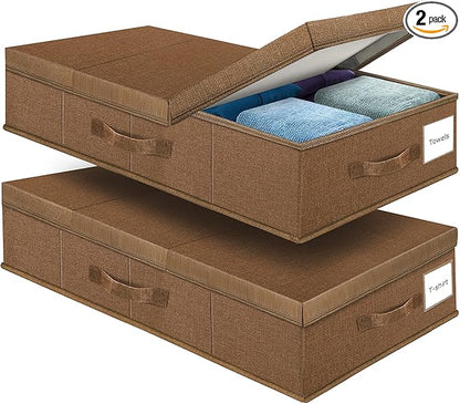 Underbed Storage Containers Bin with Lids (2pcs) Large Under Bed Storage Organizer Box with Handle, Foldable Under the Storage Bags for Organizing Clothes, Shoes, Blankets, Pillows-Dark brown