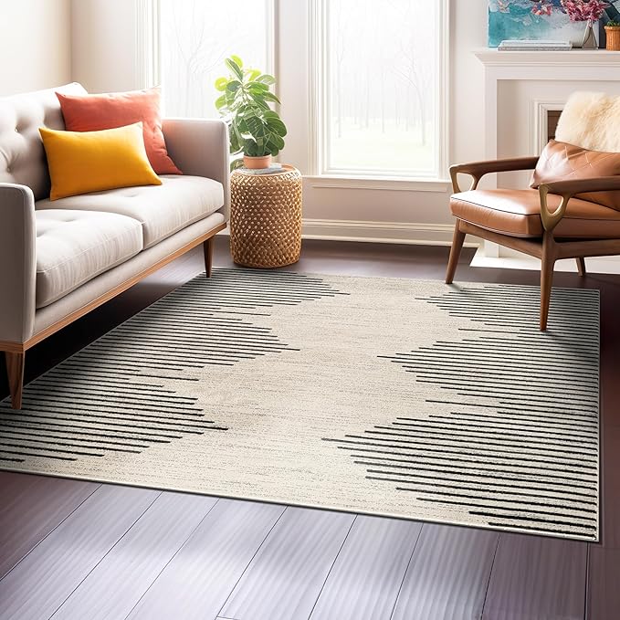 Rugshop Bohemian Stripe Stain Resistant High Traffic Living Room Kitchen Bedroom Dining Home Office Square Rug 6'6" Cream
