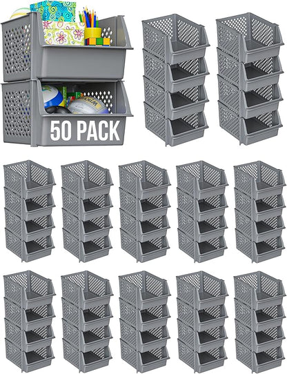 Skywin Plastic Stackable Storage Bins for Pantry - Stackable Bins for Organizing Food, Kitchen, and Bathroom Essentials (Grey - 50 Pack)