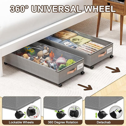 Under Bed Storage with Wheels, 2-Pack Under Bed Storage Containers with Clear Lids, XXL 65L Under the bed storage Organizer Bins, Rolling Under Bed Metal Drawer for Clothes,Shoes,Toys (Gray, 2-Pack)