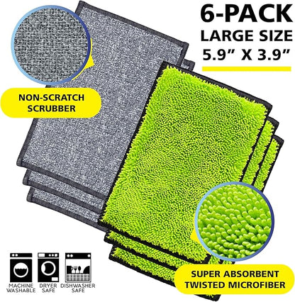 Fresh Tuff-Scrub, Large, 6-Pack Scrub-N-Wipe Sponge Cloth with Silvadur Antimicrobial for Odor Control, Microfiber, Multi-Surface, Non-Scratch, Dual-Sided, Machine Washable, Durable Kitchen Sponge