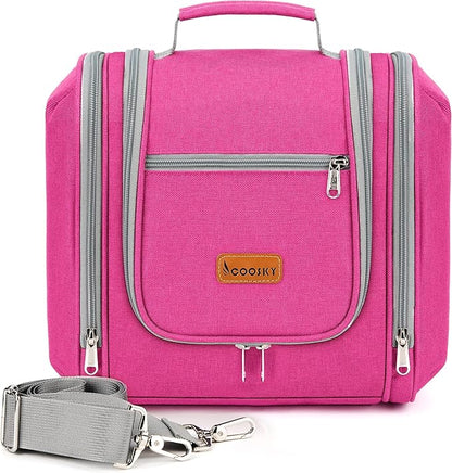 Hanging Travel Toiletry Bag for Women and Men, 6 Organizer Compartments, Extra Large Toiletries Bag, Bathroom Cosmetic Bag, Water-resistant Makeup Bag, Holds Full-Size Shampoo, Rose Red