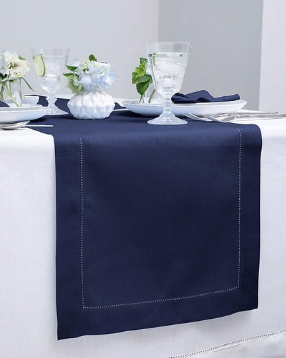 Solino Home Linen Navy Blue Table Runner 60 Inches - Classic Hemstitch, 100% Pure Linen Coffee Table Runner 14 x 60 Inch Ideal for Dresser Tables - Christmas, New Year