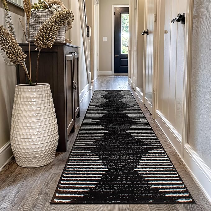 Rugshop Bohemian Stripe Stain Resistant High Traffic Living Room Kitchen Bedroom Dining Home Office Runner Rug 2'7" x 10' Black