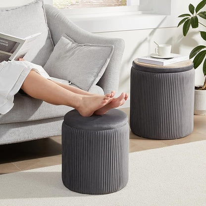 Royal Windsor Round Ottoman with Storage Set of 2,Vanity Stool with Storage for Bedroom, Ottoman Coffee Table,Small Velvet Foot Stool for Living Room,Grey