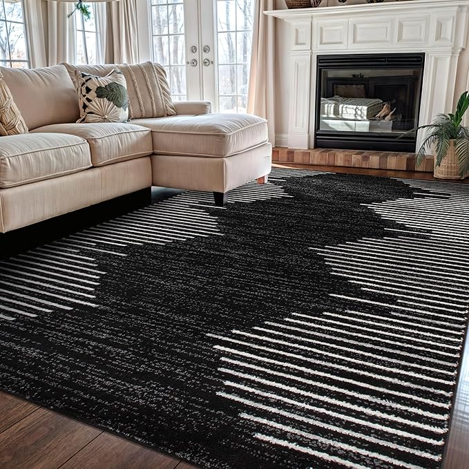 Rugshop Bohemian Stripe Stain Resistant High Traffic Living Room Kitchen Bedroom Dining Home Office Area Rug 6'6" x 9' Black