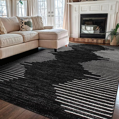 Rugshop Bohemian Stripe Stain Resistant High Traffic Living Room Kitchen Bedroom Dining Home Office Area Rug 6'6" x 9' Black