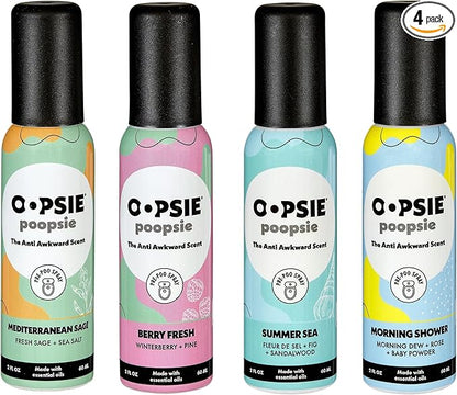 Oopsie Poopsie Pre Poop Spray - 4 Pack Natural Pre Poo Toilet Spray for Bathrooms, Trap Odors & Eliminate Embarrassment, 2oz Travel Size Pre Poo Air Freshener Spray (Variety 4-Pack)