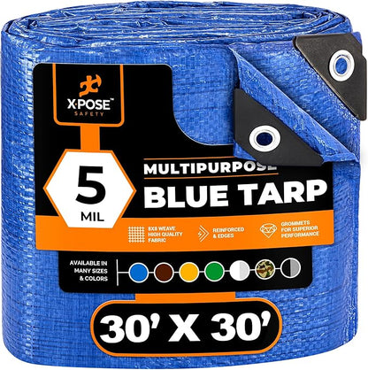 Better Blue Poly Tarp 30' x 30' - Multipurpose Protective Cover - Lightweight, Durable, Waterproof, Weather Proof - 5 Mil Thick Polyethylene - by Xpose Safety