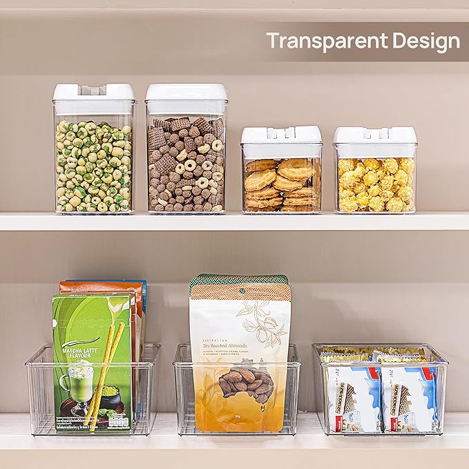 Vtopmart 4 Pack Food Storage Organizer Bins, Clear Plastic Bins for Pantry, Kitchen, Fridge, Cabinet Organization and Storage, 4 Compartment Holder Packets, Snacks, Pouches, Spice Packets
