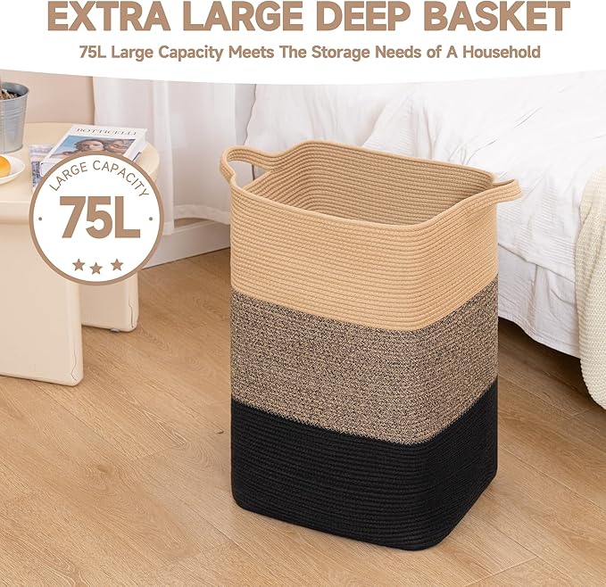 CLHMILY&Z 75L Laundry Basket Rectangular Black Jute Rope - 16x13x22 Inches - Dirty Clothes and Soft Storage Bin for Blankets, Toys, and Nursery Essentials