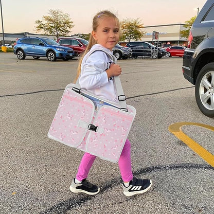MENZOKE Kids Travel Tray, Car Seat Tray for Long Road Trips & Airplane Rides, with Cooler Cup Holder, Educational Dry Erase Board & Tablet Holder, Cute Unicorn Print, Light Purple