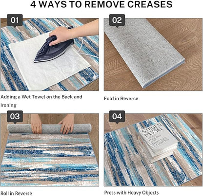 Modern Abstract Runner Rug 3x8, Blue Washable Kitchen Runner Non-Slip Soft Hallway Rug Runner Thin Print Faux Wool Carpet for Entryway Bedroom Laundry Room Indoor Home Office Decor