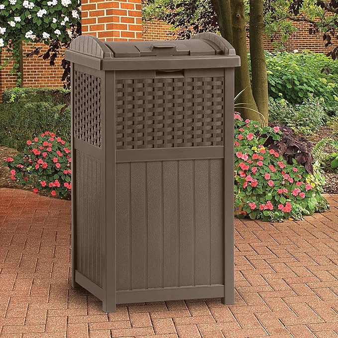 Suncast 33 Gallon Trash Hideaway Easy Assembly Durable Plastic Garbage Container with Wood Look Design, 1 Beige and Brown (2 Pack)