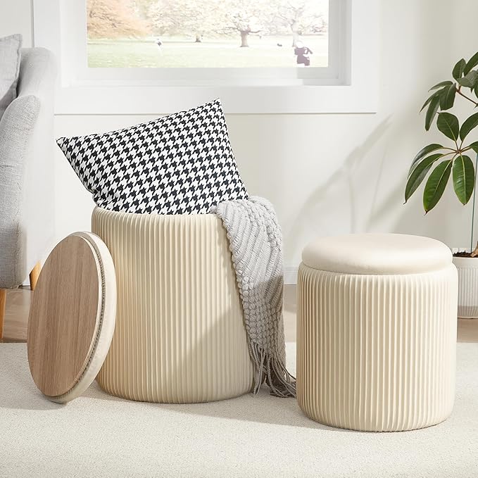Round Ottoman with Storage Set of 2,Vanity Stool with Storage for Bedroom, Ottoman Coffee Table,Small Velvet Foot Stool for Living Room, Beige
