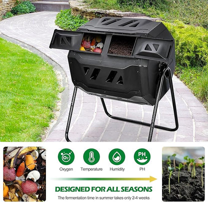 Nova Microdermabrasion 43 Gallon Compost Tumbler Bin Composter Dual Chamber BPA Free Compost Bin Outdoor Rotating Garden Yard Waste Bins
