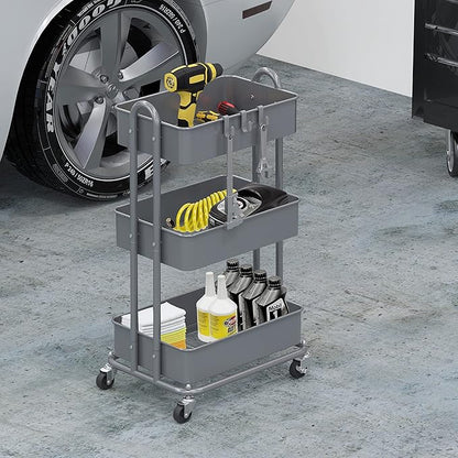 Simple Houseware 3-Tier Heavy Duty Metal Utility Rolling Cart, Silver