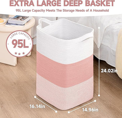 CLHMILY&Z 95L Laundry Basket Rectangular Pink Rope - 16x15x24 Inches - Dirty Clothes and Soft Storage Bin for Blankets, Toys, and Nursery Essentials