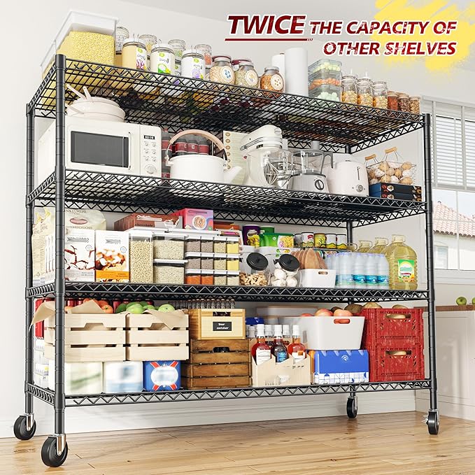 REIBII 75.6" H Storage Shelves 2500LBS Wire Shelving Unit with Wheels Garage Shelving Heavy Duty Metal Shelves for Storage Rack Adjustable Pantry Shelf Commercial Shelving, 75.6" H X 55.5''W X 24" D