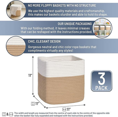 NaturalCozy Storage Cubes 11 Inch Cotton Rope Woven Baskets for Organizing, 3-Pack | Cube Storage Bin | Square Storage Baskets for Shelves Organizer, Classroom, Kids Toy Bins, Closet, Baby Nursery