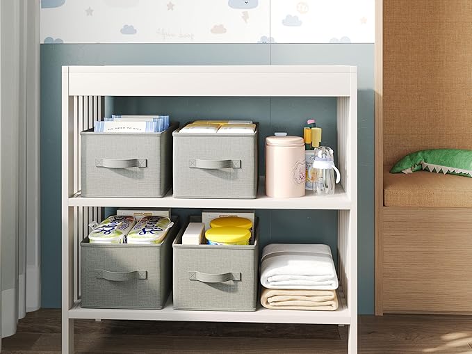 3 Pack Fabric Storage Bins for Shelves | 14.75x10.25x8.25 in Storage Baskets | Fabric Closet Organizers with Handles Home Organization | Linen Clothes Storage Bins | Light Gray