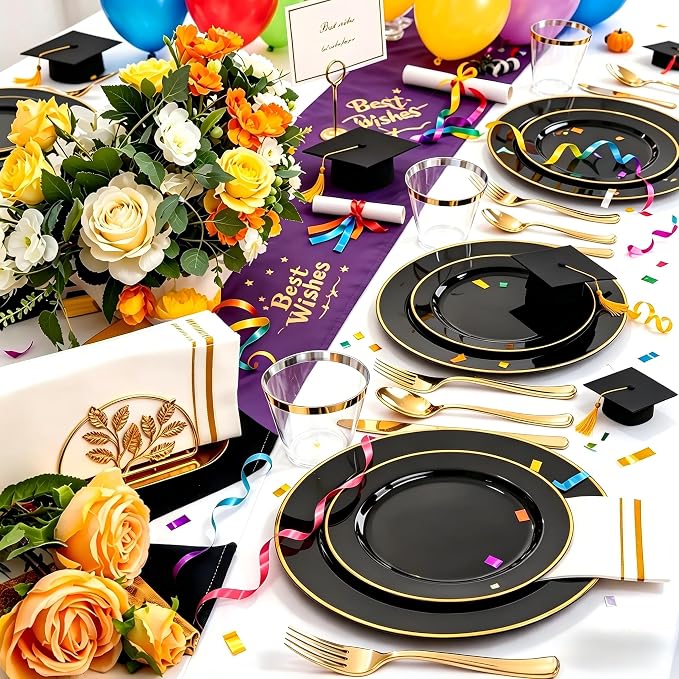 SUT 175 Piece Black and Glod Plastic Dinnerware Set