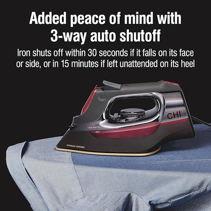CHI Steam Iron for Clothes with 8’ Retractable Cord, 1700 Watts, 3-Way Auto Shutoff, 400+ Holes, Professional Grade, Temperature Control Dial, Titanium Infused Ceramic Soleplate, Black/Chrome (13109)
