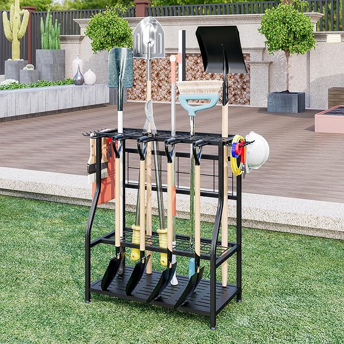 Garden Tool Organizer Holder Heavy Duty Steel Rack Up to 60 Long Handled Tools for Garage Shed Outdoor Garden Yard Black