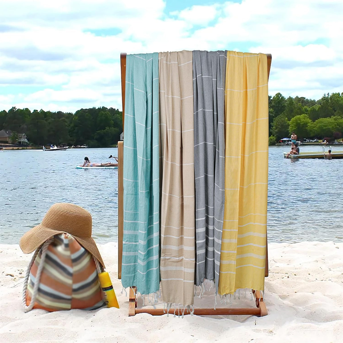 HILLFAIR Cotton Turkish Beach Towels, Quick Dry Lightweight Sand Free Peshtemal Towel for Bath Swim Yoga Pool Travel, Beach Accessories, Oversized Turkish Towel (39 x 72 inch- 4 Pack Multicolor)