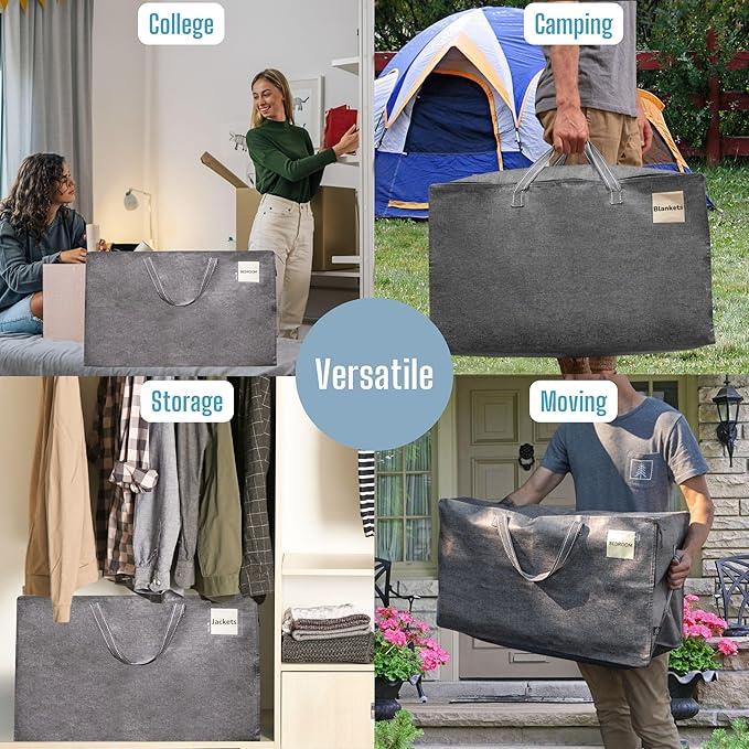 VENO 2 Pack Moving and Storage Bags, Heavy Duty, Alternative to Moving Boxes, Large Packing Totes Supplies for College Dorm Room with Zipper for Clothes, Wide Open Design (Dark Gray, 2 Pack)