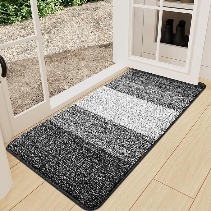 Kitinjoy Indoor Outdoor Door Mat, 71x24 Non-Slip Absorbent Dirt Trapper, Low-Profile Washable Inside Entrance Front Floor Mat, Sturdy Soft Entry Doormats for Entryway, Grey