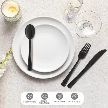 300 Pieces Black Plastic Silverware Heavy Duty Plastic Cutlery Set Heavyweight Disposable Flatware Includes Spoons Forks Knifes for Birthday Party Prom Night Wedding Dinner
