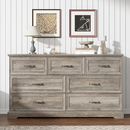 7 Drawer Dresser for Bedroom, 57" Wide Wooden Chest of Drawers, Rustic Farmhouse Dresser with Large Drawers & Metal Handles, Modern Storage Organizer for Closet, Living Room, Hallway, Grey