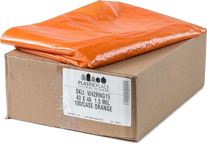 Plasticplace 40-45 Gallon Trash Bags │ 1.5 Mil │ Orange Heavy Duty Garbage Can Liners │ 40” x 46” (100 Count)