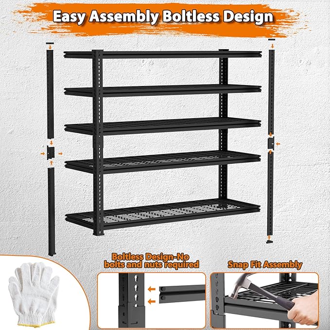 Storage Shelves Heavy Duty, 4 PCS 36"L x 16"W x 72"H Garage Wire Shelving Unit Loads 2400LBS, 5-tier Adjustable Metal Industrial Utility Shelf Rack for Kitchen, Laundry, Pantry, Warehouse, Basement