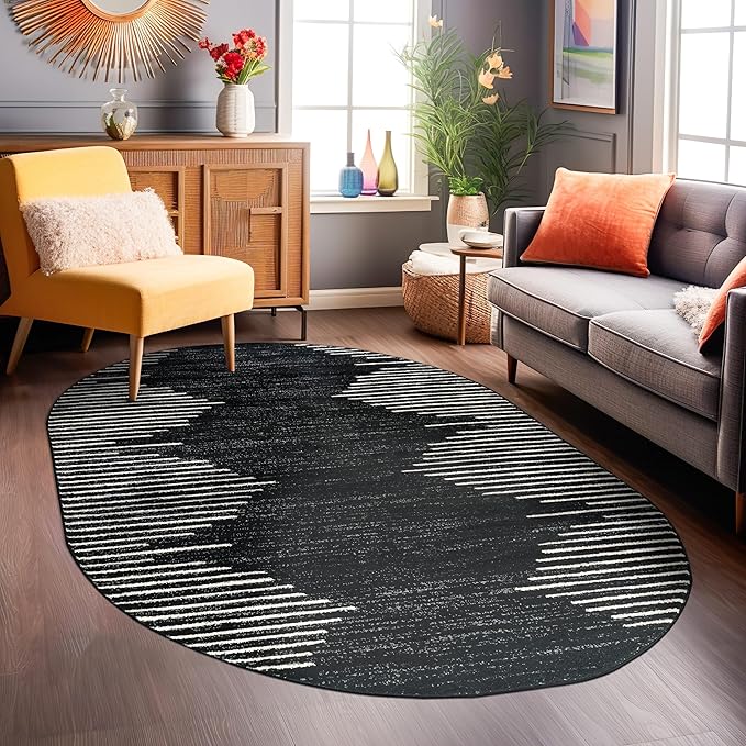 Rugshop Bohemian Stripe Stain Resistant High Traffic Living Room Kitchen Bedroom Dining Home Office Oval Area Rug 5' x 7' Black