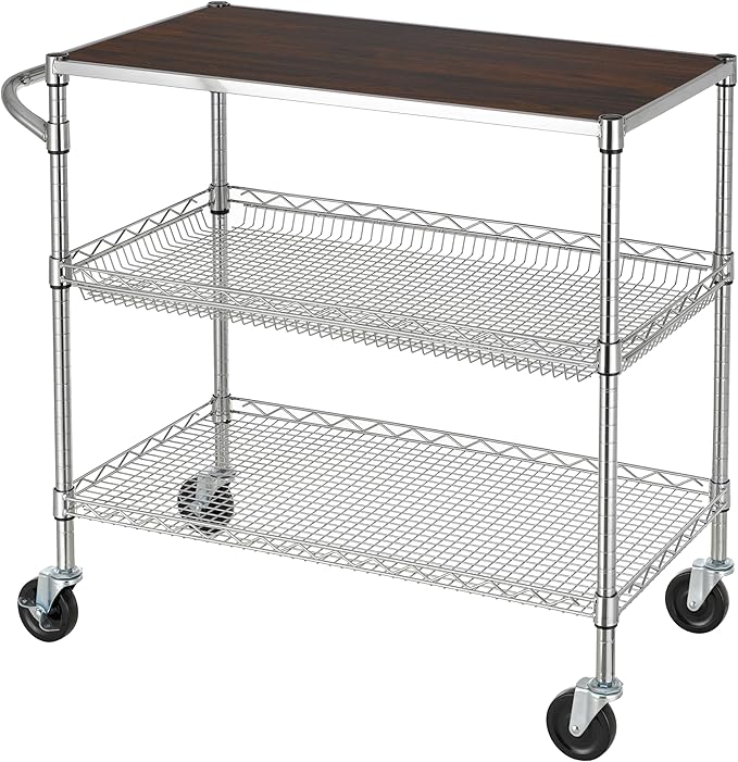 Finnhomy 3 Tier Heavy Duty Commercial Grade Utility Cart with Wood Top, Wire Rolling Cart with Wheels and Handle Bar, Kitchen Carts on Wheels, 18x36x35.4 H Metal Cart with 600 LBS Capacity, Chrome
