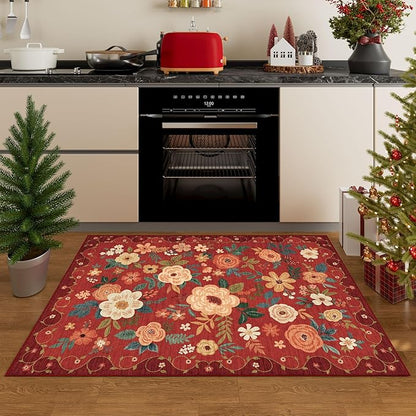 DUKINO 2x3 Rugs for Entryway, Floral Indoor Washable Door Mat, Non Slip Boho Small Rug for Kitchen, Soft Low Pile Front Door Throw Rug for Entrance, Bedroom, Kitchen, Laundry, Bathroom, Red