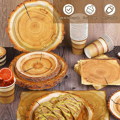 Kochorie 96 Pieces Camping Wood Grain Slice Tableware Set Rustic Wood Party