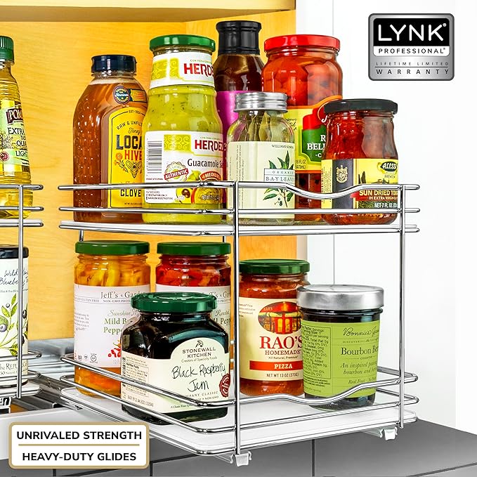 LYNK PROFESSIONAL® Pull Out Spice Rack Organizer for Inside Kitchen Cabinets - 8-1/4 inch Wide - Slide Out Drawer – Chrome Sliding Spice Cabinet Organization Shelf Racks - 2 Tier
